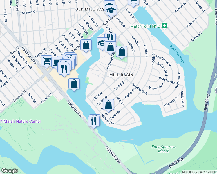 map of restaurants, bars, coffee shops, grocery stores, and more near Mill Avenue & 56th Drive in Brooklyn