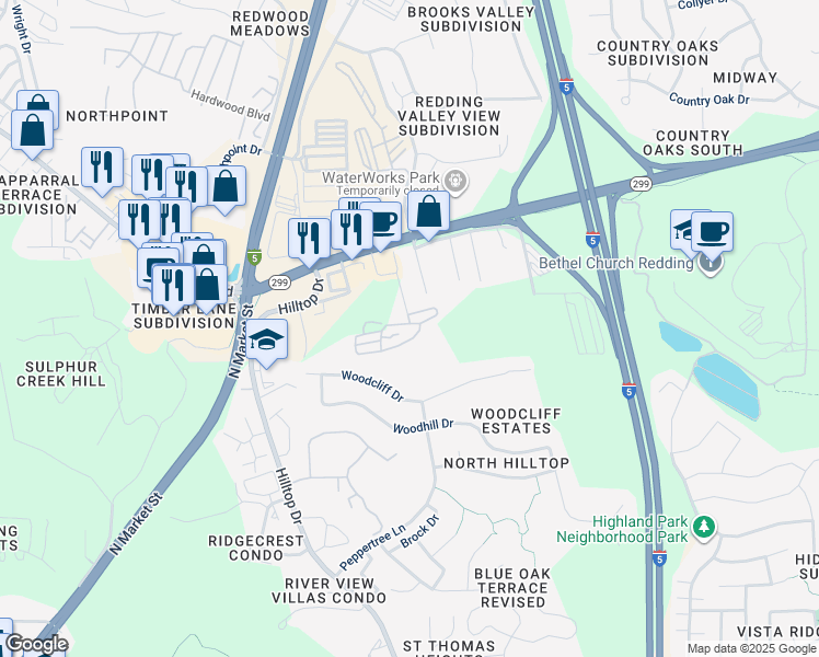 map of restaurants, bars, coffee shops, grocery stores, and more near 11037 Erickson Way in Redding