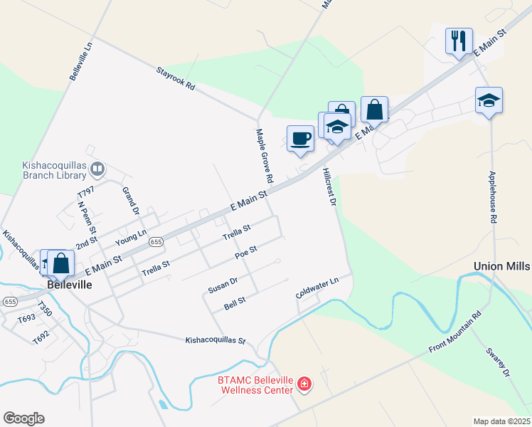 map of restaurants, bars, coffee shops, grocery stores, and more near 323 Trella Street in Belleville