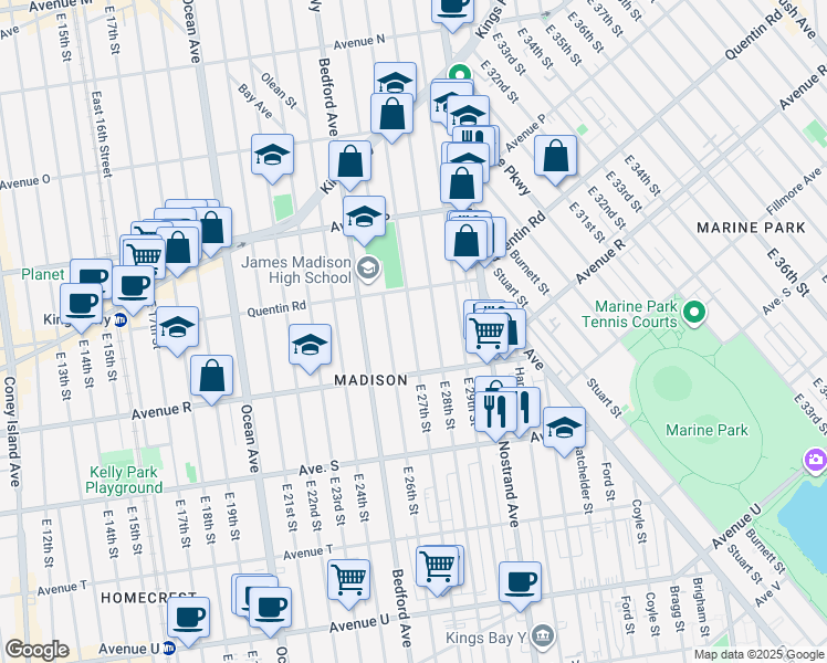 map of restaurants, bars, coffee shops, grocery stores, and more near 1747 East 27th Street in Brooklyn