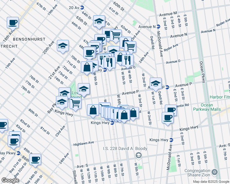 map of restaurants, bars, coffee shops, grocery stores, and more near 209 Avenue P in Brooklyn