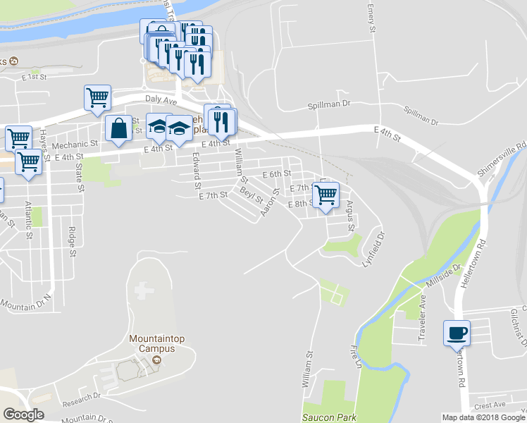 map of restaurants, bars, coffee shops, grocery stores, and more near 698 Aaron Street in Bethlehem