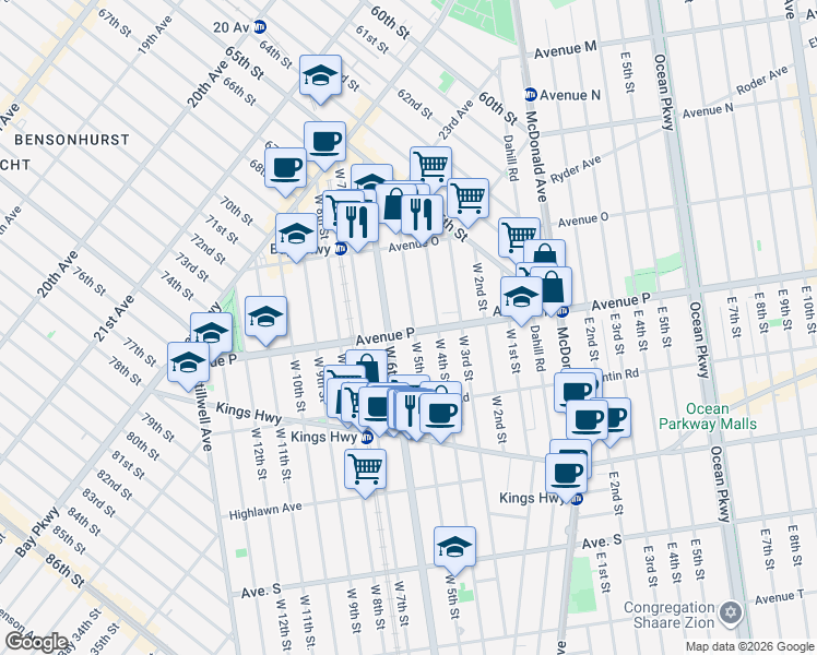 map of restaurants, bars, coffee shops, grocery stores, and more near 1601 West 5th Street in Brooklyn