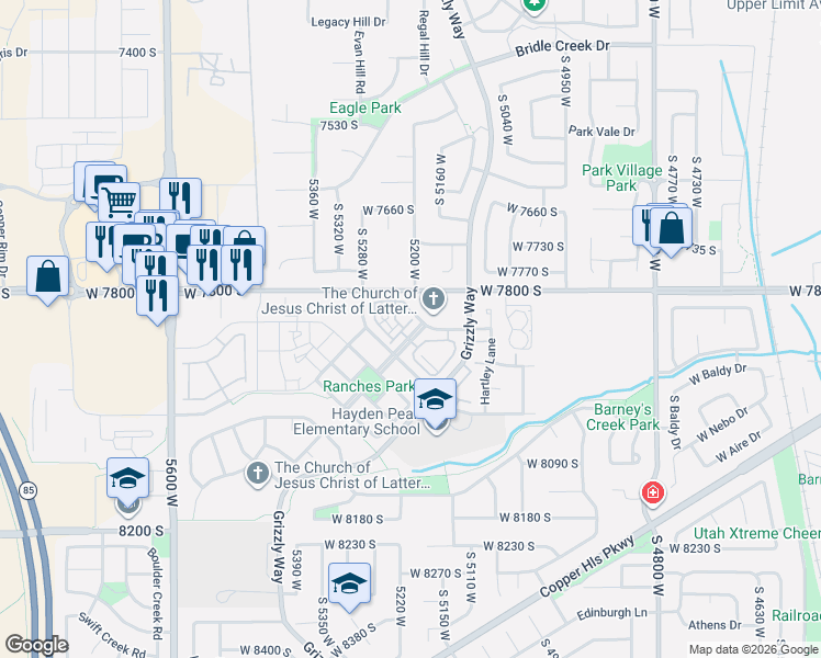 map of restaurants, bars, coffee shops, grocery stores, and more near 7881 Window Rock Way in West Jordan