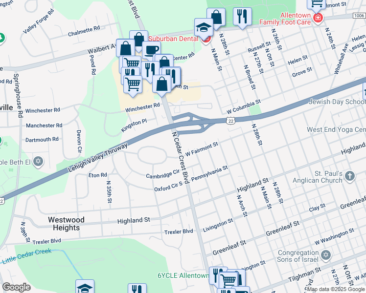 map of restaurants, bars, coffee shops, grocery stores, and more near 1315 North Cedar Crest Boulevard in Allentown