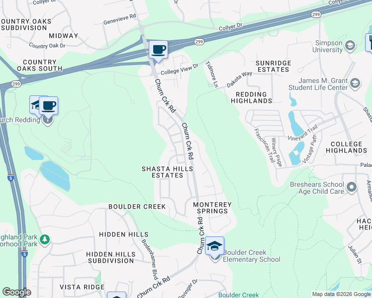 map of restaurants, bars, coffee shops, grocery stores, and more near 463 Yolla Bolly Trail in Redding