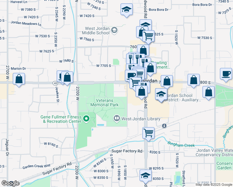 map of restaurants, bars, coffee shops, grocery stores, and more near Veterans Memorial Parkway in West Jordan