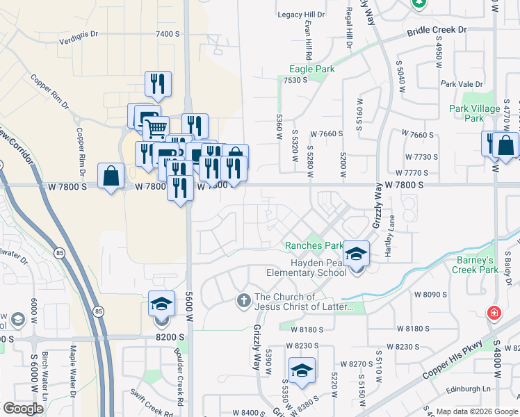 map of restaurants, bars, coffee shops, grocery stores, and more near 7853 South 5440 West in West Jordan