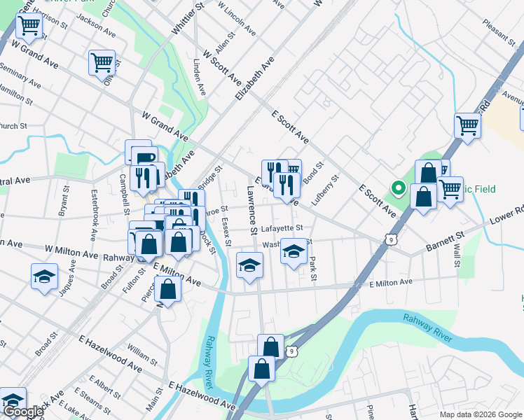 map of restaurants, bars, coffee shops, grocery stores, and more near 1721 Lawrence Street in Rahway