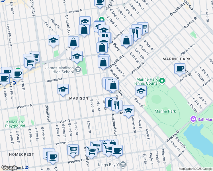 map of restaurants, bars, coffee shops, grocery stores, and more near 3114 Nostrand Avenue in Brooklyn