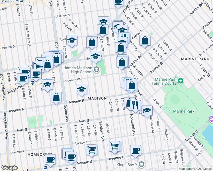 map of restaurants, bars, coffee shops, grocery stores, and more near 1748 East 27th Street in Brooklyn