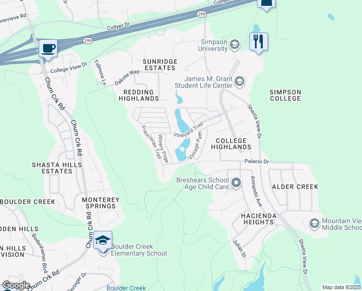 map of restaurants, bars, coffee shops, grocery stores, and more near 1815 Vineyard Trail in Redding