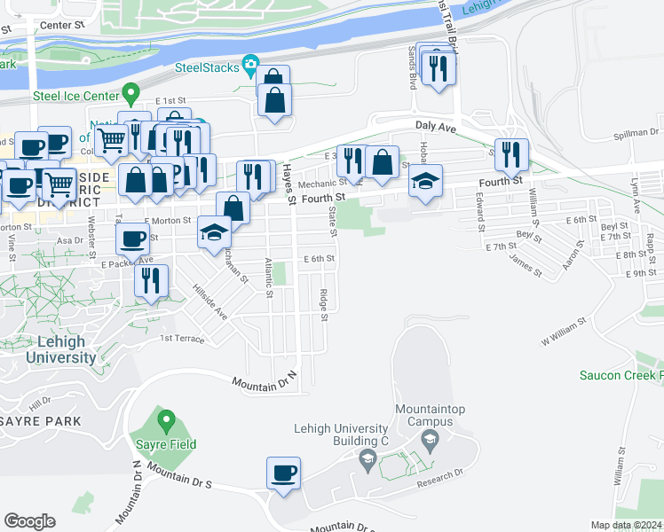 map of restaurants, bars, coffee shops, grocery stores, and more near 944 East 6th Street in Bethlehem