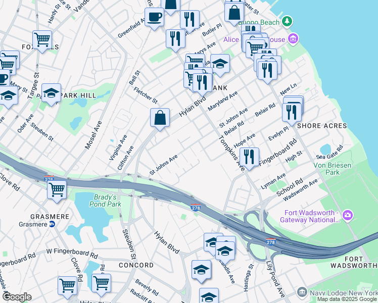 map of restaurants, bars, coffee shops, grocery stores, and more near 28 Wagner Street in Staten Island