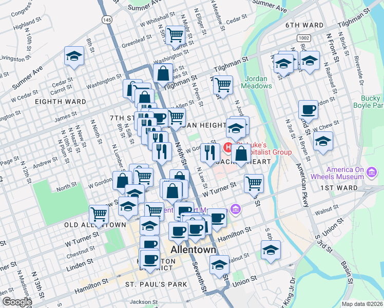 map of restaurants, bars, coffee shops, grocery stores, and more near 323 North Law Street in Allentown