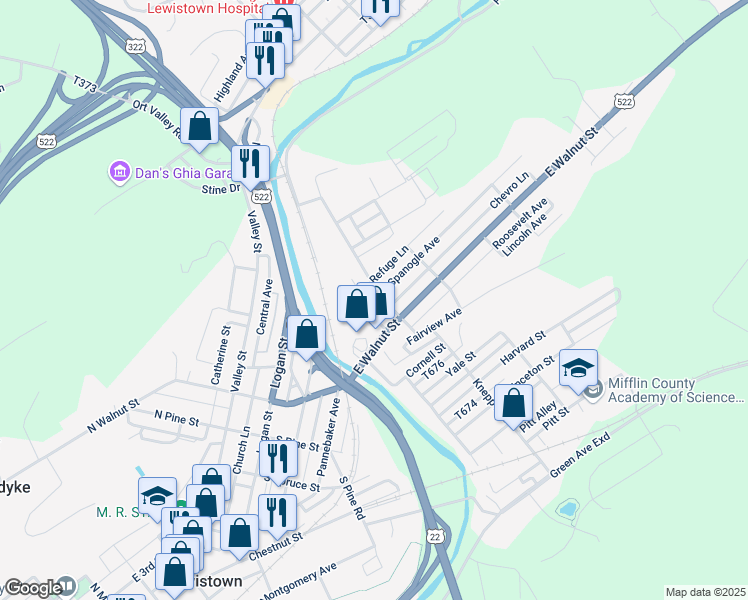 map of restaurants, bars, coffee shops, grocery stores, and more near 6 Spanogle Avenue in Lewistown