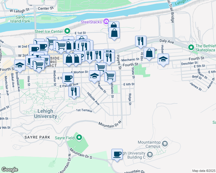 map of restaurants, bars, coffee shops, grocery stores, and more near 738 East 6th Street in Bethlehem