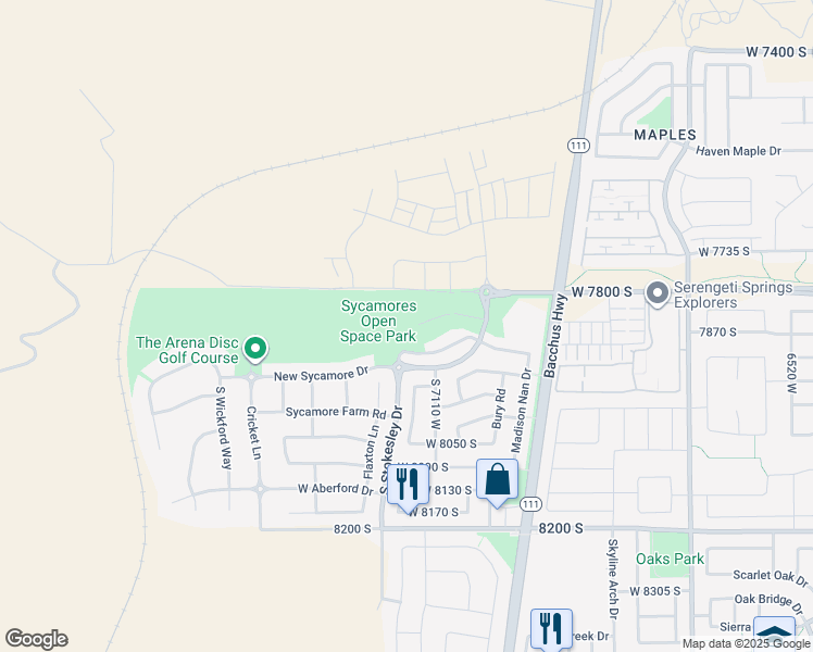 map of restaurants, bars, coffee shops, grocery stores, and more near 7182 Moorepark Place in West Jordan
