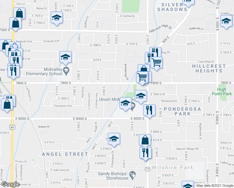 map of restaurants, bars, coffee shops, grocery stores, and more near 7865 South Citori Drive in Sandy