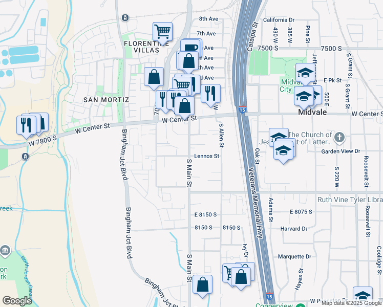 map of restaurants, bars, coffee shops, grocery stores, and more near 7882 Main Street in Midvale