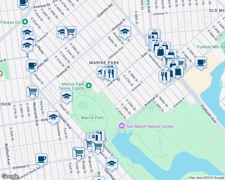 map of restaurants, bars, coffee shops, grocery stores, and more near 2040 East 34th Street in Brooklyn
