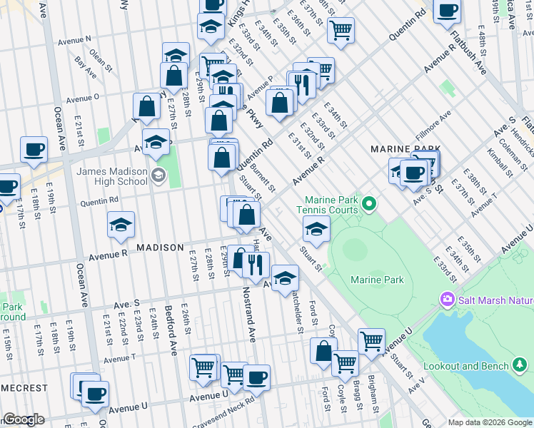 map of restaurants, bars, coffee shops, grocery stores, and more near 1834 Stuart Street in Brooklyn