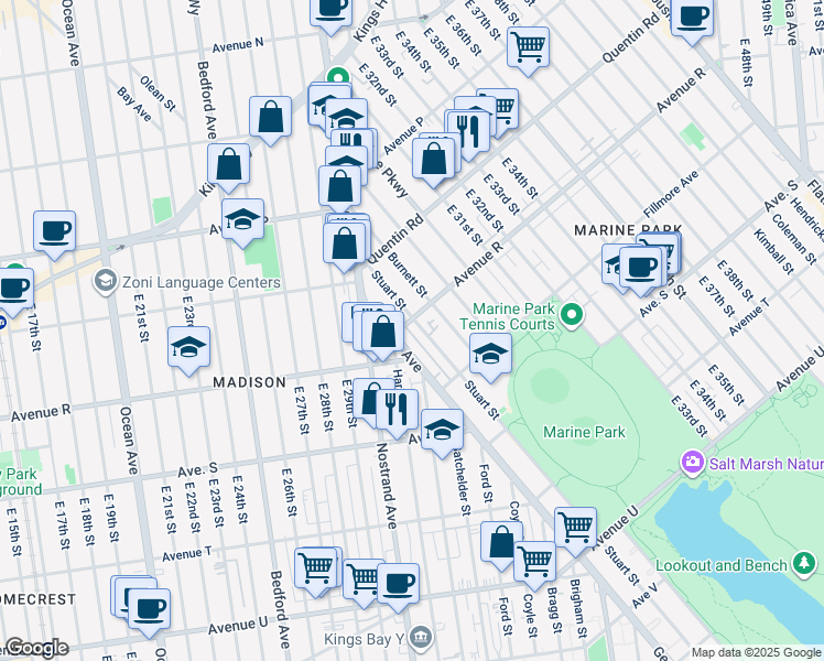 map of restaurants, bars, coffee shops, grocery stores, and more near 1834 Stuart Street in Brooklyn
