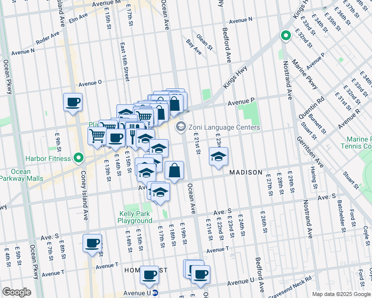map of restaurants, bars, coffee shops, grocery stores, and more near 2205 Ocean Avenue in Brooklyn