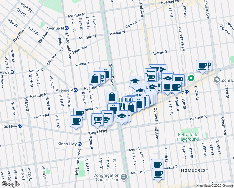 map of restaurants, bars, coffee shops, grocery stores, and more near 1746 East 7th Street in Brooklyn