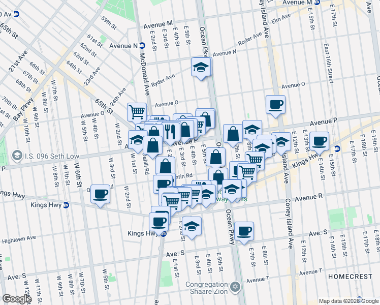 map of restaurants, bars, coffee shops, grocery stores, and more near 1739 East 4th Street in Brooklyn