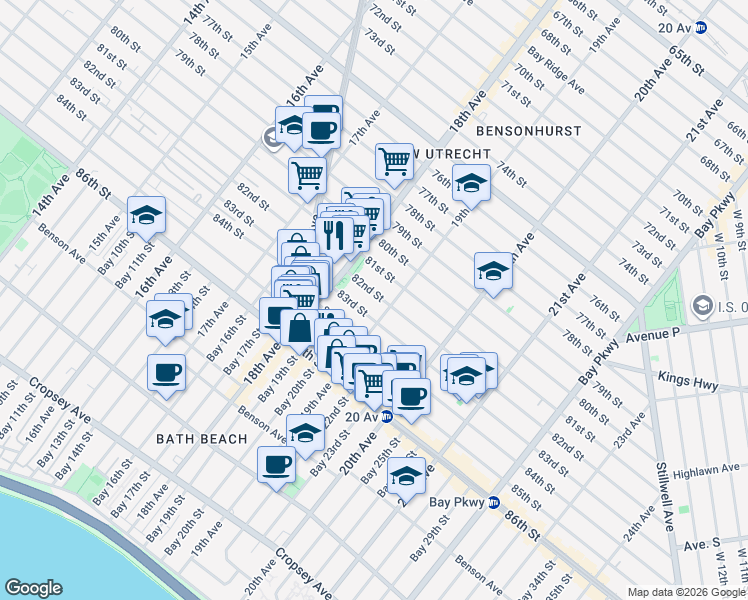map of restaurants, bars, coffee shops, grocery stores, and more near 1848 83rd Street in Brooklyn