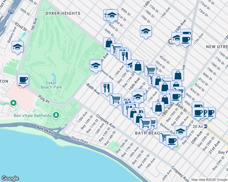 map of restaurants, bars, coffee shops, grocery stores, and more near 141 Bay 10th Street in Brooklyn