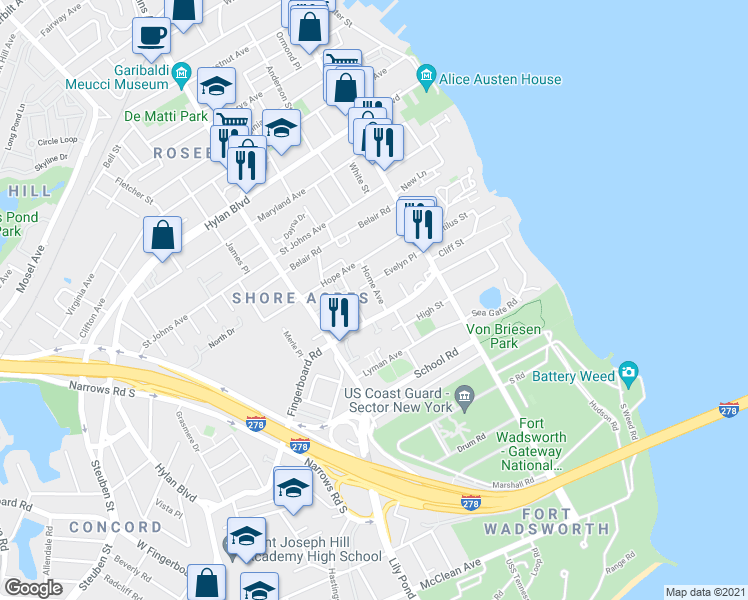 map of restaurants, bars, coffee shops, grocery stores, and more near 93 Fingerboard Road in Staten Island