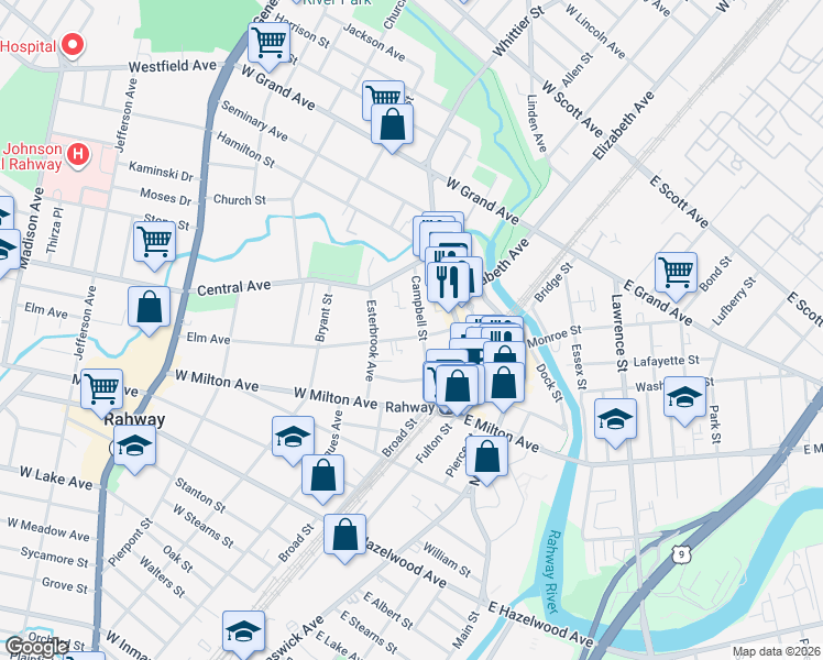 map of restaurants, bars, coffee shops, grocery stores, and more near 144 Elm Avenue in Rahway