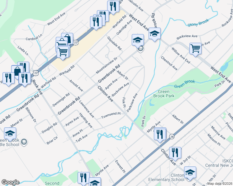 map of restaurants, bars, coffee shops, grocery stores, and more near 184 Clinton Avenue in North Plainfield