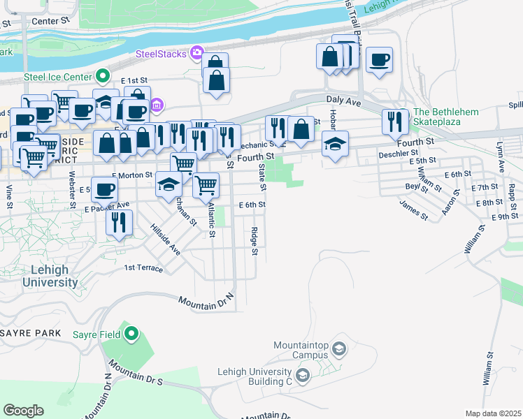 map of restaurants, bars, coffee shops, grocery stores, and more near 619 Ridge Street in Bethlehem