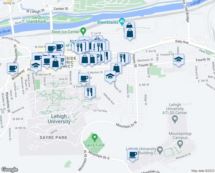 map of restaurants, bars, coffee shops, grocery stores, and more near 567 Hillside Avenue in Bethlehem