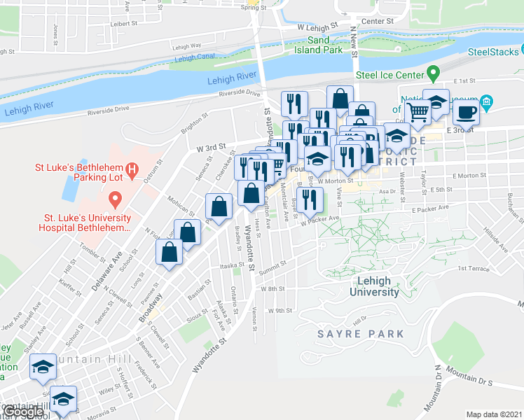 map of restaurants, bars, coffee shops, grocery stores, and more near 447 Carlton Avenue in Bethlehem