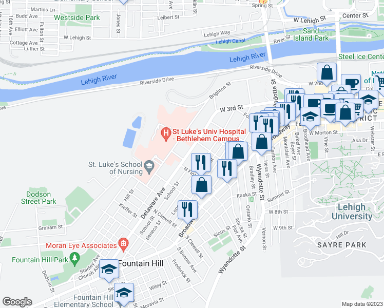 map of restaurants, bars, coffee shops, grocery stores, and more near 736 Delaware Avenue in Fountain Hill