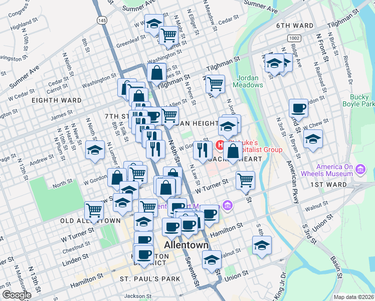 map of restaurants, bars, coffee shops, grocery stores, and more near 323 North Law Street in Allentown