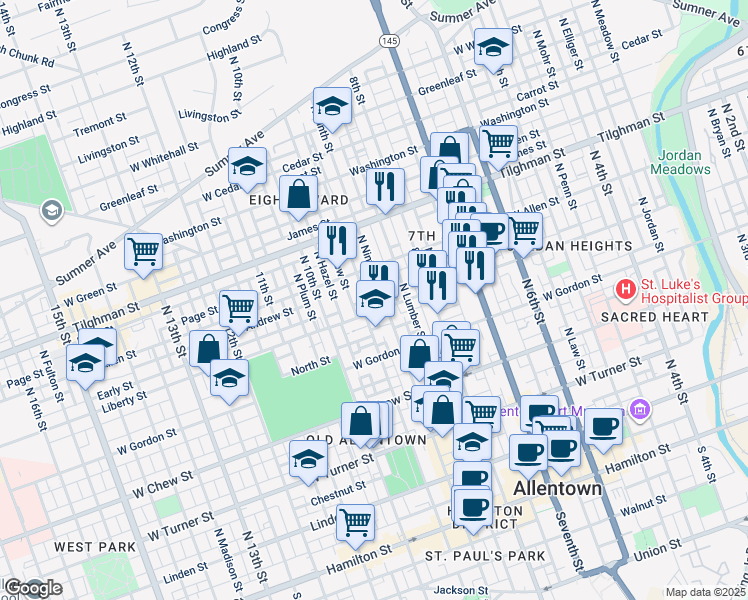 map of restaurants, bars, coffee shops, grocery stores, and more near 512-514 North 9th Street in Allentown
