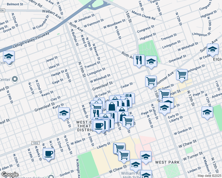 map of restaurants, bars, coffee shops, grocery stores, and more near 821 North 18th Street in Allentown