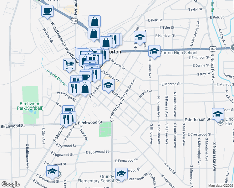 map of restaurants, bars, coffee shops, grocery stores, and more near 302 East Jefferson Street in Morton
