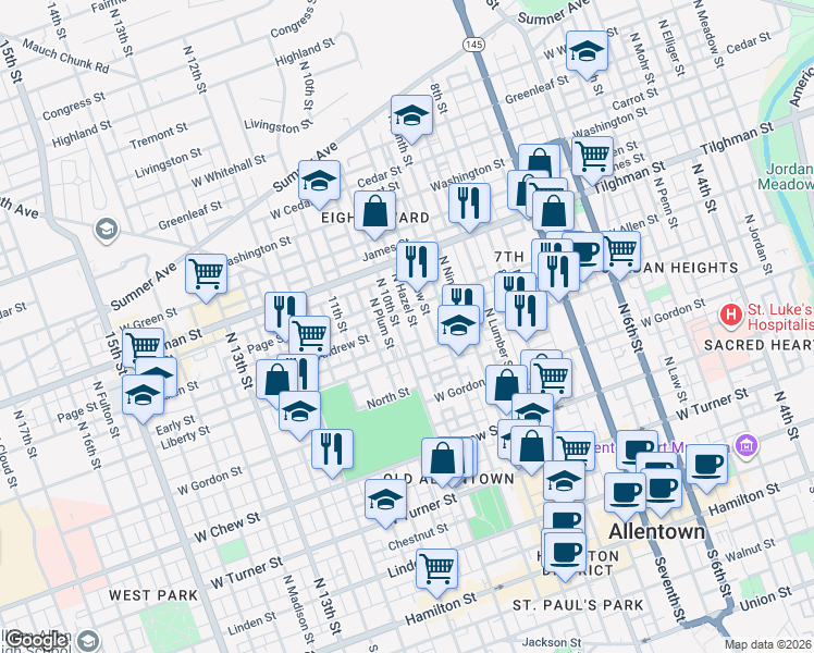 map of restaurants, bars, coffee shops, grocery stores, and more near 520 North 10th Street in Allentown