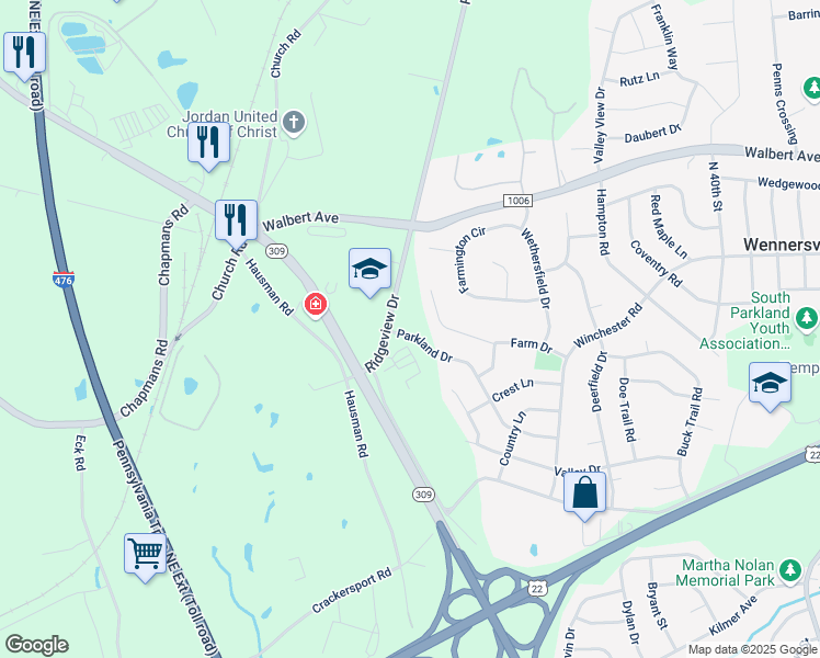 map of restaurants, bars, coffee shops, grocery stores, and more near 4495 Parkland Drive in Allentown