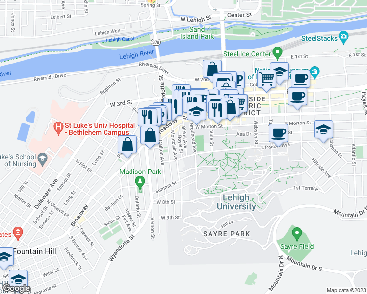 map of restaurants, bars, coffee shops, grocery stores, and more near 482 Birkel Avenue in Bethlehem