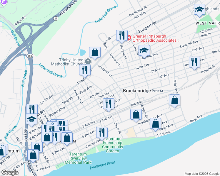 map of restaurants, bars, coffee shops, grocery stores, and more near 856 8th Avenue in Brackenridge