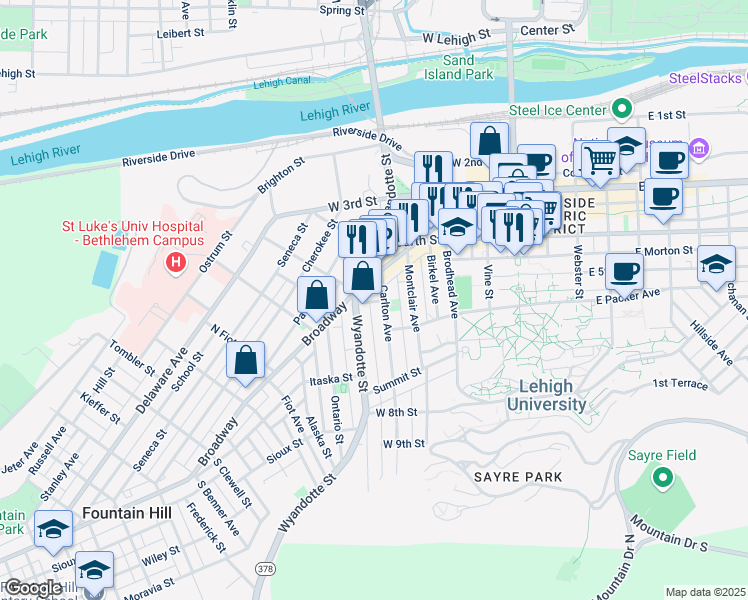 map of restaurants, bars, coffee shops, grocery stores, and more near 402 Sheets Street in Bethlehem