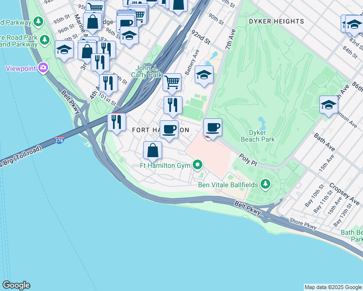 map of restaurants, bars, coffee shops, grocery stores, and more near 124 Wainwright Drive in Brooklyn