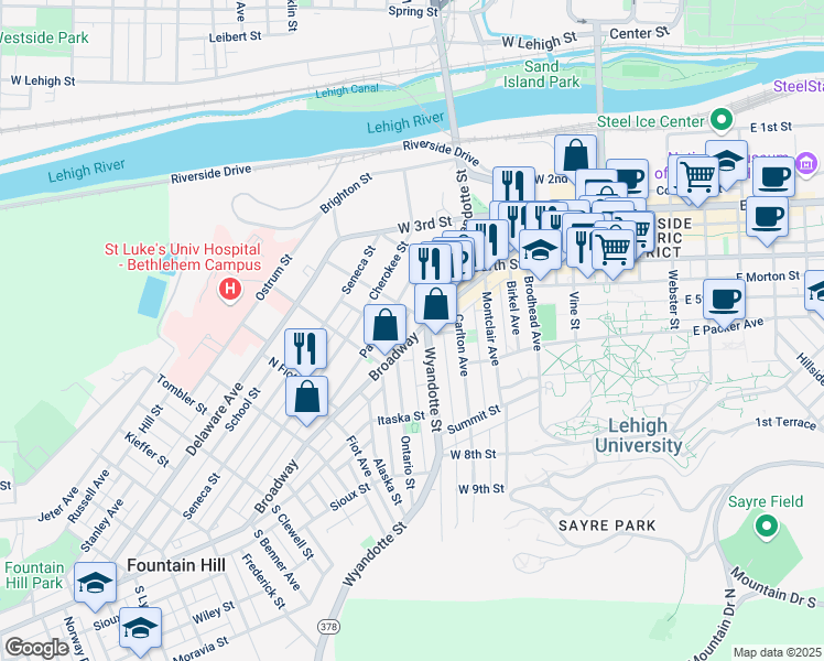 map of restaurants, bars, coffee shops, grocery stores, and more near 516 Broadway in Bethlehem